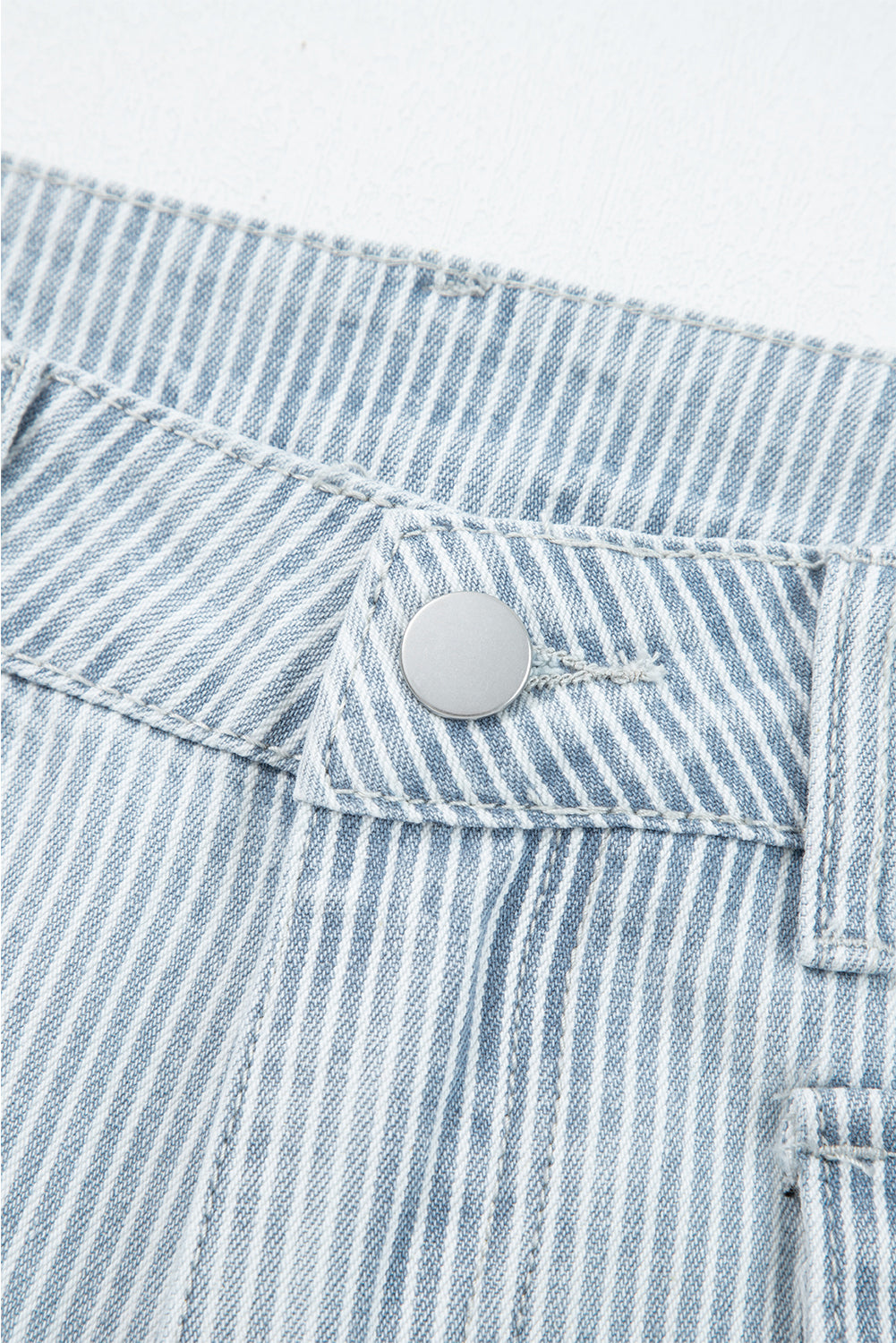 Sky Blue Striped Button Flap Pocket Cuffed Hem Wide Leg Jeans Shewin