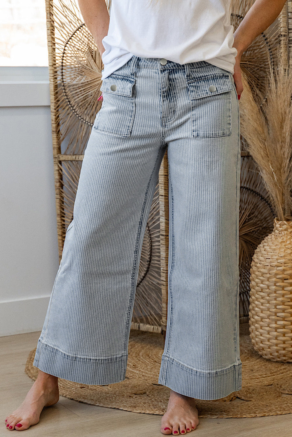 Sky Blue Striped Button Flap Pocket Cuffed Hem Wide Leg Jeans Shewin