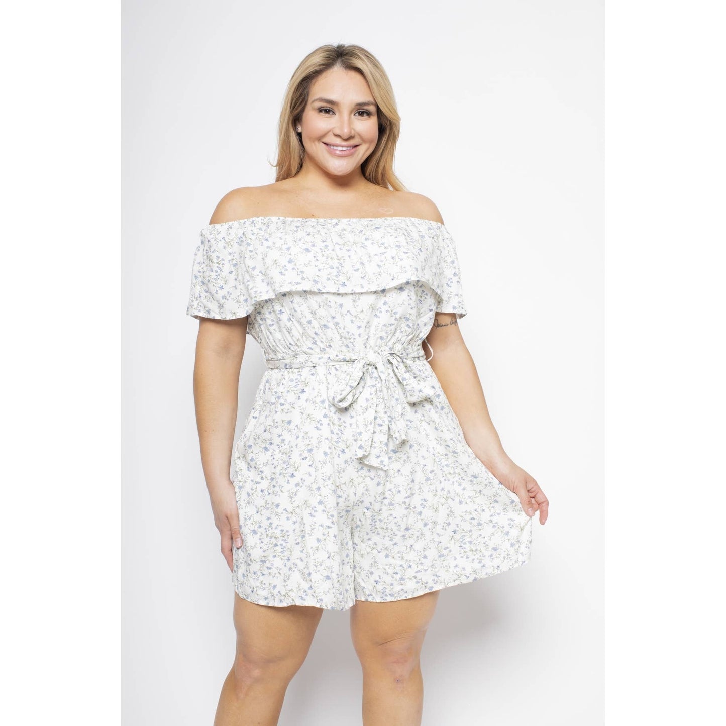 PLUS SIZE FLORAL FLOUNCE OFF SHOULDER ROMPER
