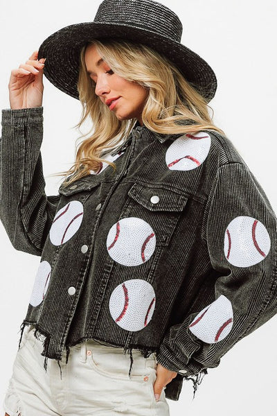 Sequined Baseball Boyfriend Oversized Corduroy Jacket Wildflowers & Denim