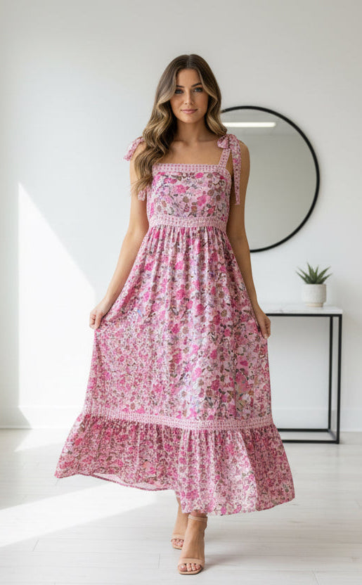 FLORAL MAXI DRESS WITH RIBBON TIE LACE
STRAP