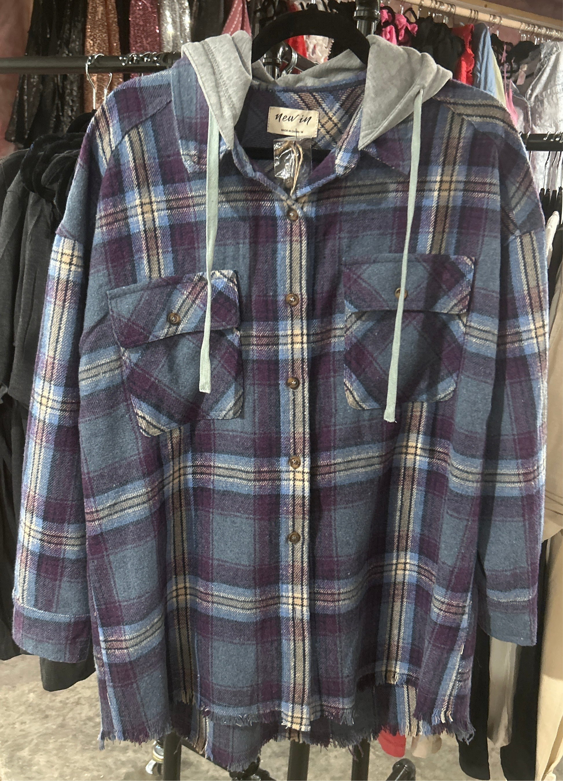 Blue/Purple Plaid Hooded Flannel Shacket Wildflowers & Denim