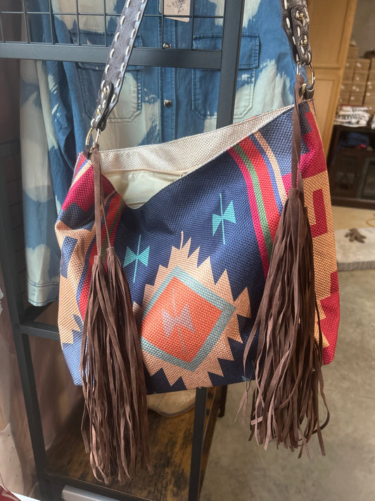 Aztec Fringe Tot Bag/ Leather Belt Strap Wildflowers & Denim