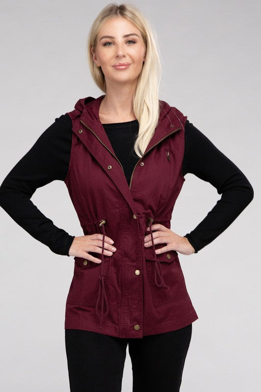 Zenana Button Down Hooded Vest Wildflowers & Denim