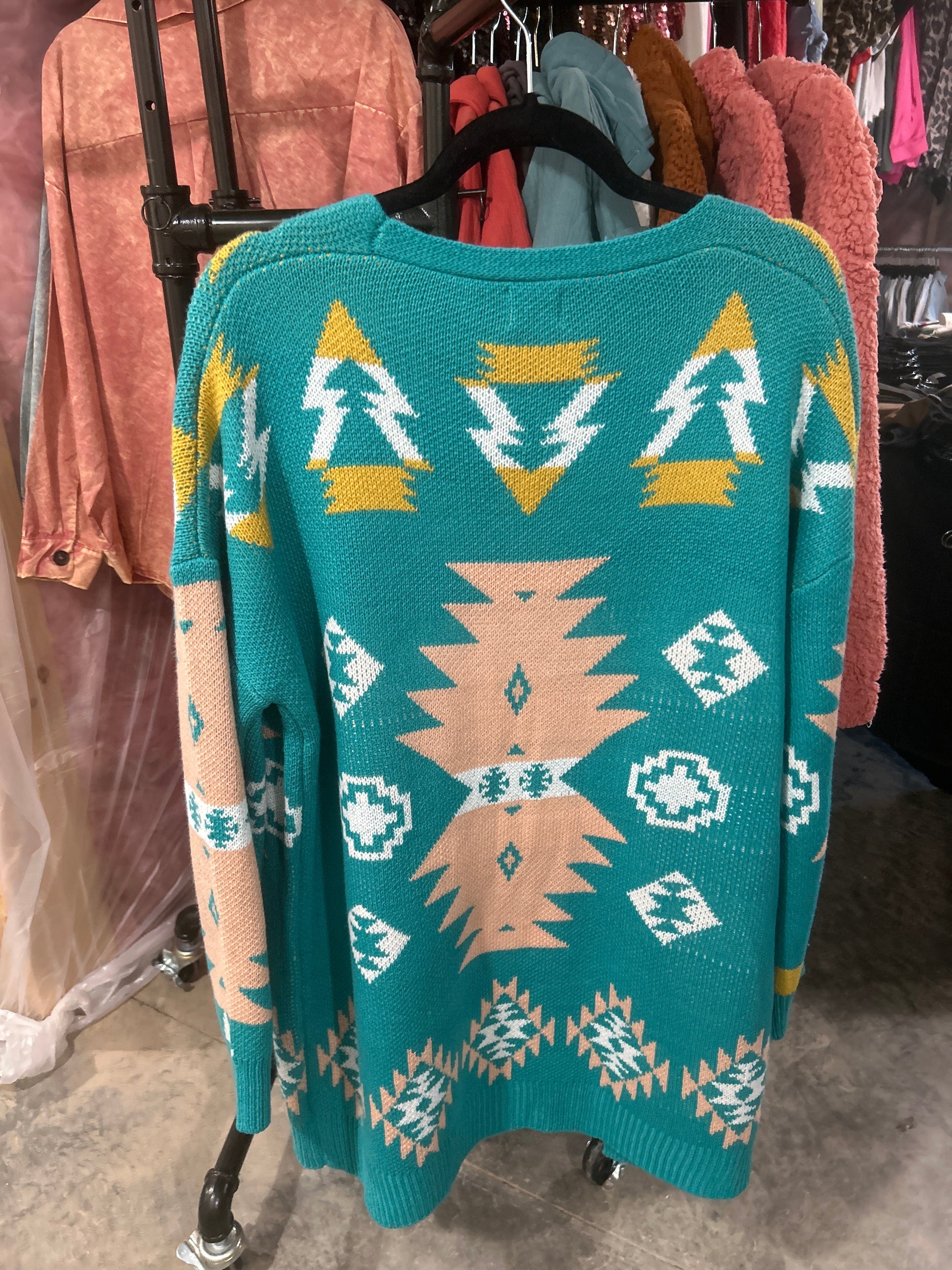 75 Turquoise/peach Aztec Long Cardigan Wildflowers & Denim