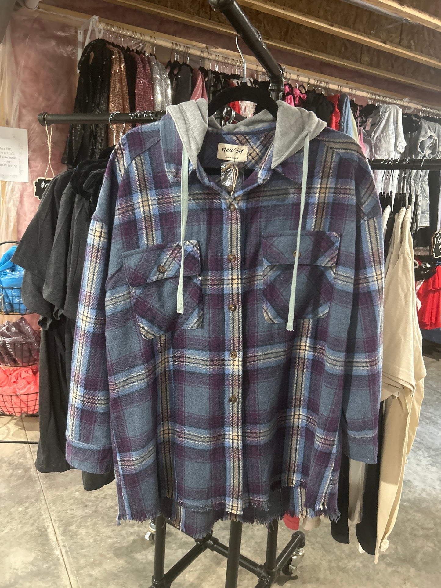 Blue/Purple Plaid Hooded Flannel Shacket Wildflowers & Denim