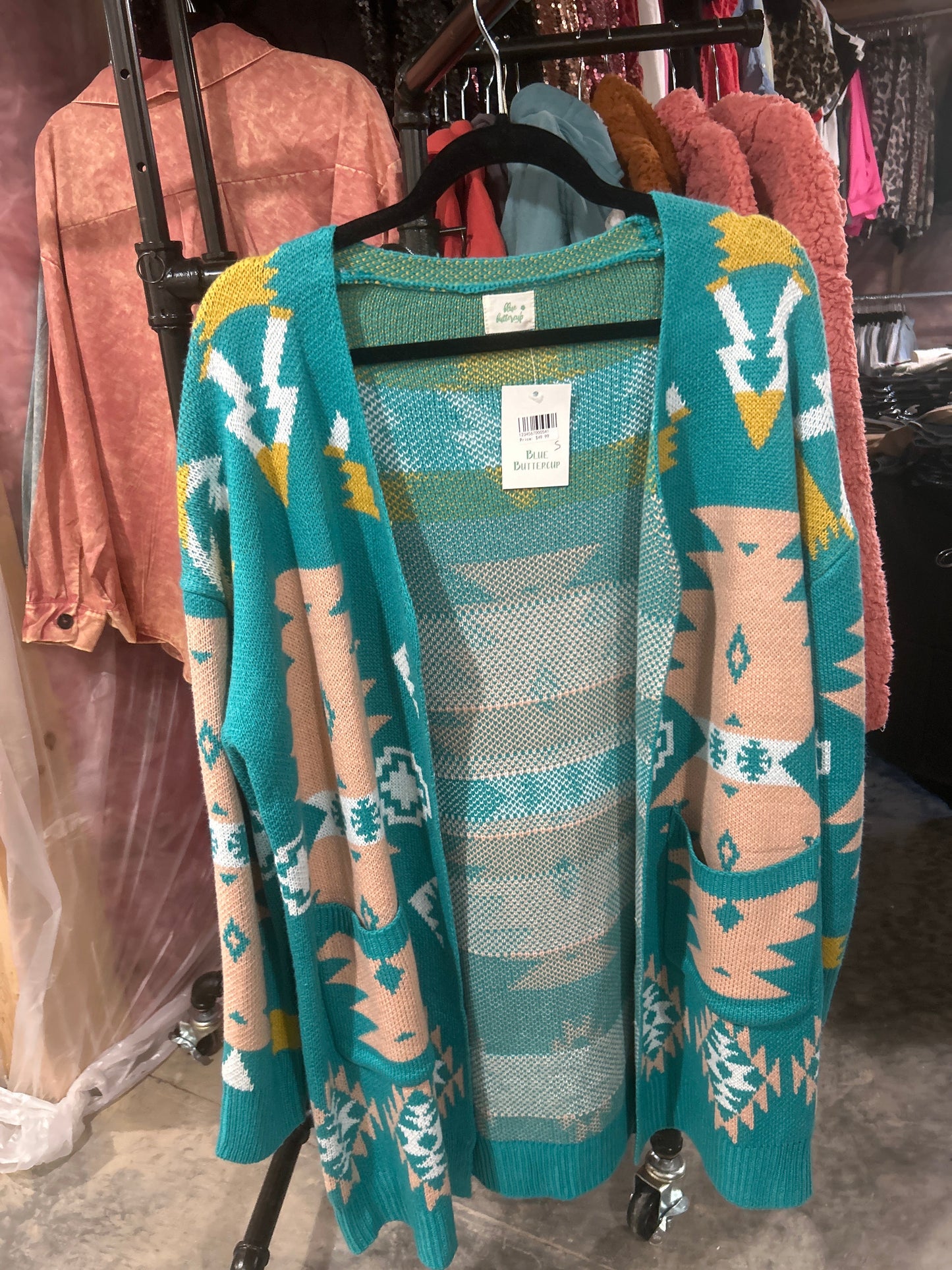 75 Turquoise/peach Aztec Long Cardigan Wildflowers & Denim