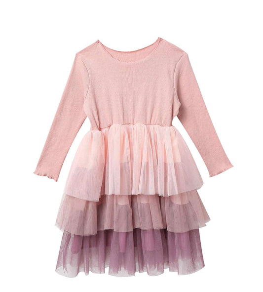 Kids Girls Long Sleeve Princess Ruffle Tiered Cake Tutu Dress Pageant Birthday Party Tulle Dress Wildflowers & Denim
