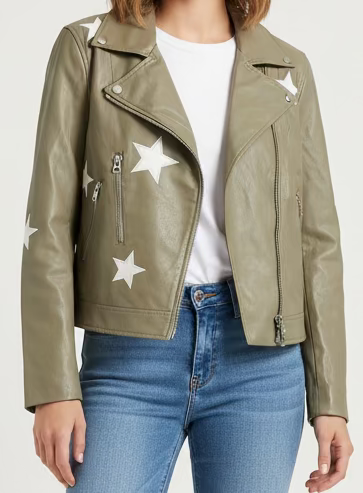 Zenana Khaki Faux Leather Star Patch Moto Jacket