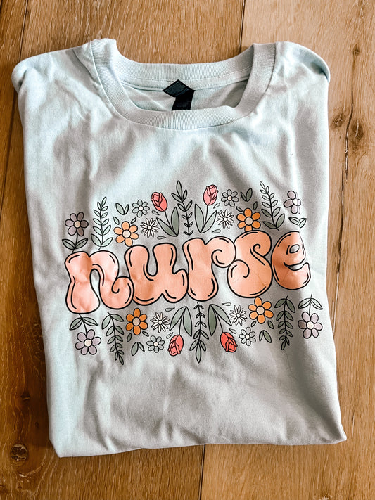 Nurse Tshirt: Light Blue Wildflowers & Denim