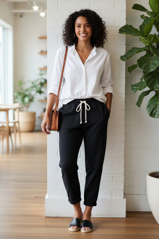 Woman wearing black drawstring lounge pants with a casual gray top, olive jacket, white sneakers, and a tan tote bag walking outdoors