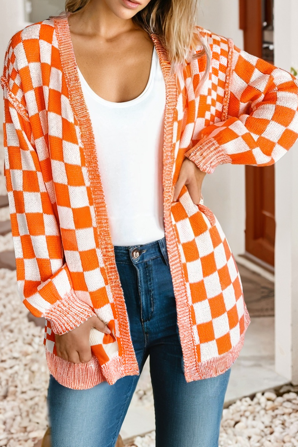 LDC Checkered Open Front Drop Shoulder Cardigan | S-4X Little Daisy Closet